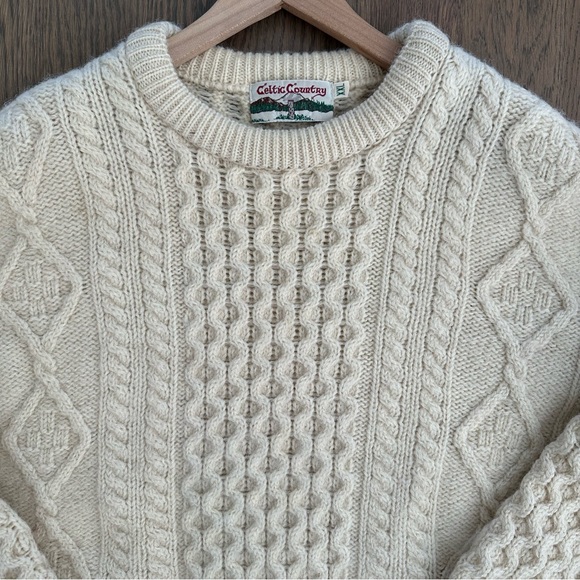 Vintage Celtic Country 100% Wool Irish Cable Knit Crew Neck Sweater Cream Large - Picture 2 of 8